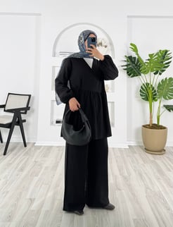 5128-çilek kumaş-altı pile detaylı pantolonlu takım-siyah