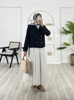 5727-bondit kumaş-önü düğmeli omuz detaylı kısa trenç-siyah