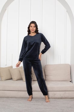Ç8539 FRANSIZ LİKRA KADİFE MANŞETLİ TAKIM- LACİVERT