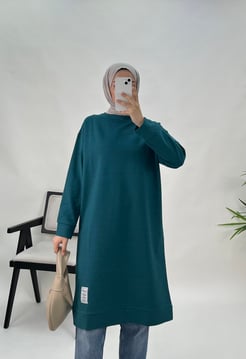 5652-iki iplik kumaş- armalı uzun tunik-petrol yeşili
