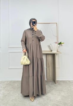 3316-çilek kumaş önü dügmeli baglamalı elbise-vizon