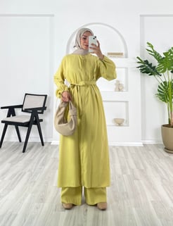 2386 - bilekleri ipli uzun tunikli cappicino ikili takım - yag yeşili 