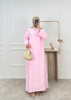 0183-tencel kumaş kuşaklı düz elbise-pudra