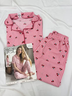 ç6852-bürümcük kumaş gömlek yaka kısa kollu pijama takımı-pembe
