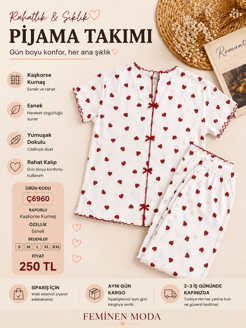 ç6960-raporlı kısa kol gömlek yaka kalpli pijama takımı-beyaz