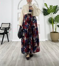 4808-pamuk viskon kumaş-yaprak desenli beli lastikli etek-kırmızı-lacivert