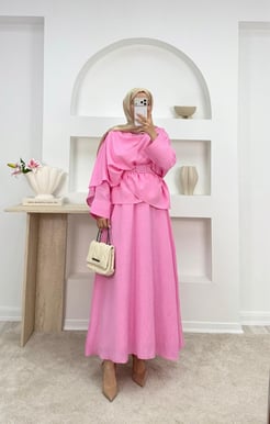 1853-modal cupra kumaş kemerli etekli takım-pembe