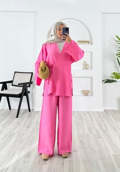 5896-çilek kumaş-yandan bağlamalı pantolonlu kimono takım-pembe