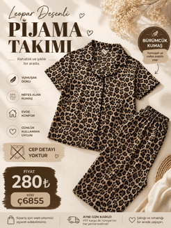 ç6855-bürümcük kumaş gömlek yaka kısa kollu pijama takımı-leopar