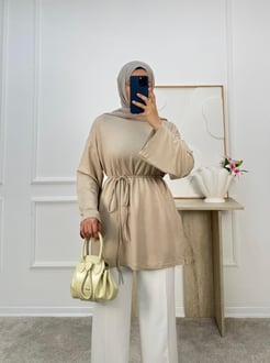 7313-kristal kumaş bağlamalı tunik-krem