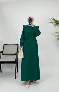 5188-krep kumaş-yanları patlı manşetli kuşaklı elbise-yeşil
