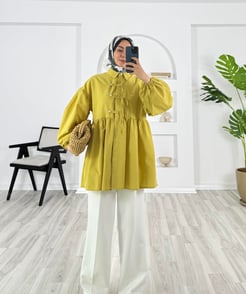 3657-poplin kumaş-önü düğmeli bilek ucu lastikli gömlek-yağ yeşili