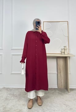 1437-ayrobin kumaş kolu fırfırlı önü düğmeli tunik-bordo
