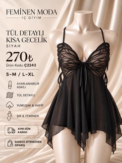 ç2243-dantelli kelebek detaylı tül gecelik-siyah