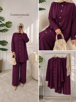 3165-modal kumaş pantolonlu takım-bordo