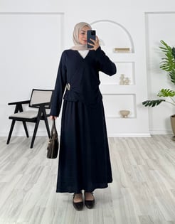 1649 -örme kumaş üstü çapraz broşlu etekli takım - lacivert 