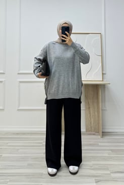 2183-kenarları gold düğme detaylı triko tunik-gri