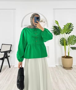 1186-Poplin kumaş önü bağlamalı etek üstü gömlek -benetton yeşili