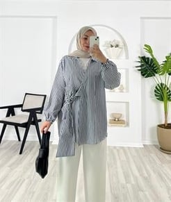 8129-terikoton kumaş-önden bağlamalı kimono-beyaz lacivert çizgili
