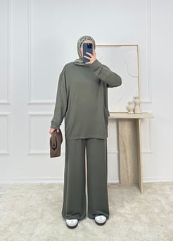 9130 - kristal kumaş cepli tunik pantolonlu takım - yeşil