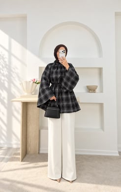 6699-ekose kumaş tunik-siyah