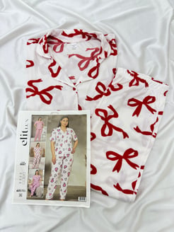 ç8657-büyük beden gömlek yaka fiyonklu pijama takımı-beyaz