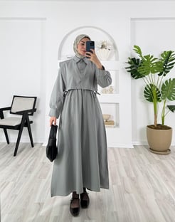8755-terikoton kumaş-beli lastikli gömlekli elbise-gri