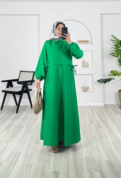 79831 - keten kumaş yelekli elbise - benetton yeşili 