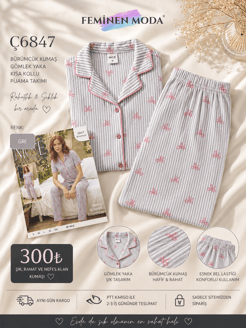 ç6847-bürümcük kumaş gömlek yaka kısa kollu pijama takımı-gri
