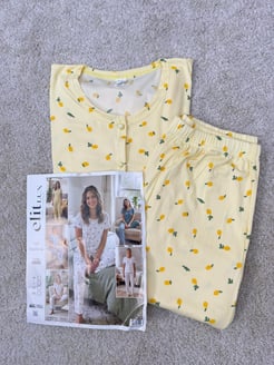 ç8660-raporlu kaşkorse kumaş pijama takımı-sarı 