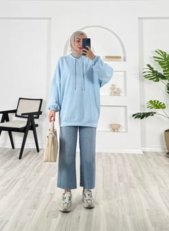 2349-iplik kumaş KAPŞONLU TUNİK bebe mavisi 