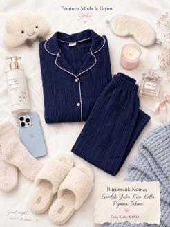 ç6841-bürümcük kumaş gömlek yaka kısa kollu pijama takımı-lacivert 