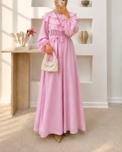 4699-lilyum kumaş önü dügmeli fırfır detaylı elbise-pembe