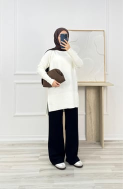 1085-bisiklet yaka fitilli triko kazak-beyaz