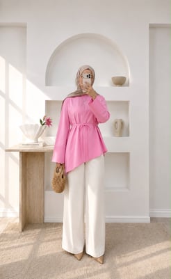 5589-poplin kumaş asimetrik bağlamalı tunik-pembe 