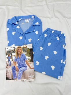ç6713-bürümcük kumaş gömlek yaka kısa kollu pijama takımı-mavi