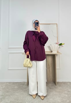 1878-saten kumaş yaka detaylı tunik-bordo