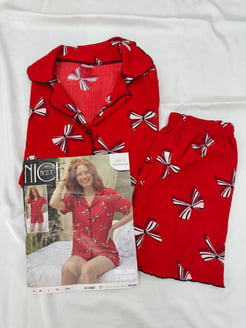 ç6805-bürümcük kumaş şortlu kısa kollu  fiyonklu pijama takımı-kırmızı