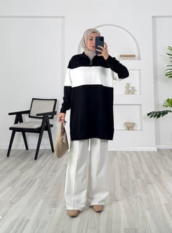 26127-oysho kumaş-yaka fermuar detaylı taşlı tunik-siyah
