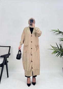 3221 D56+triko kumaş-düğmeli diz altı uzun hırka-taş