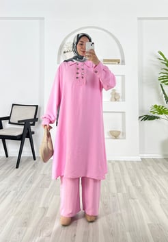 8435-pamuk ayrobin  kumaş-düğmeli pantolonlu takım-pembe