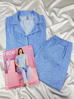 ç4802 - milan kumaş gömlek yaka kısa kollu puantiyeli pijama takımı - mavi 