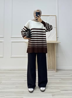 2220-simit yaka çizgili triko tunik-acı kahve