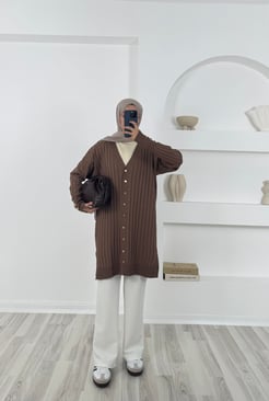 3179 kolu düğmeli triko hırka-kahve