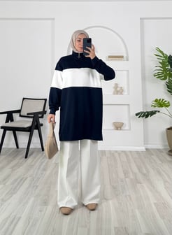 26127-oysho kumaş-yaka fermuar detaylı taşlı tunik-lacivert