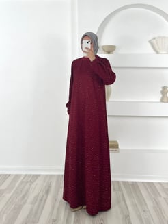 0796 - kuşaklı taşlı damla elbise - bordo