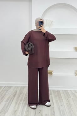 9266 kristal kumaş pantolonlu takım -acı kahve