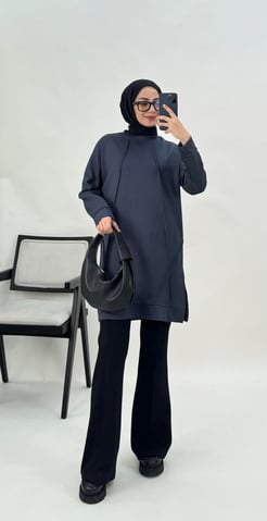 2912-oysho kumaş-önü çımalı yanları yırtmaçlı tunik-füme
