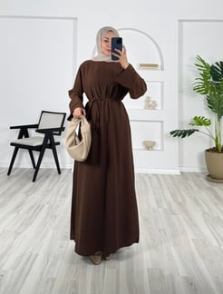 5697 - skuba krep kumaş kemerli elbise - acı kahve 