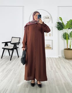 22022-Ayrobin kumaş-boydan düğmeli kol kısımları pileli uzun tunik-acı kahve